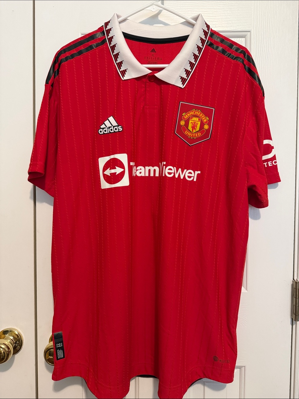 adidas Manchester United Red Polo-Style Ronaldo Jersey with White Collar